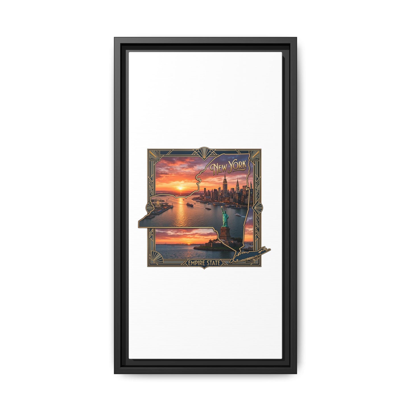 Framed Matte Canvas Wall Art — New York City Sunset Skyline with Statue of Liberty