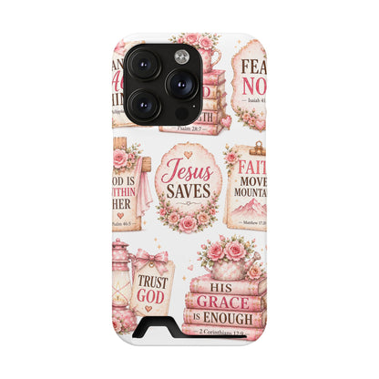 Christian Phone Case with Card Holder — 'Jesus Saves' Floral Scripture Design