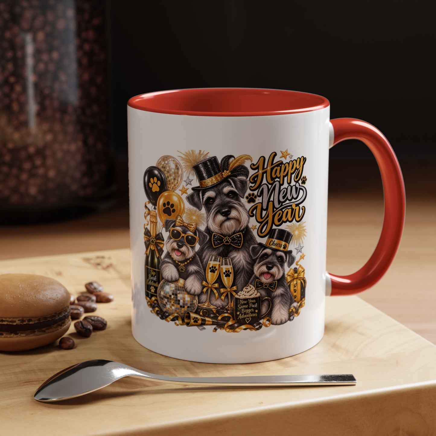 Happy New Year Schnauzer Coffee Mug — Festive Dog New Year Accent Mug (11/15oz)