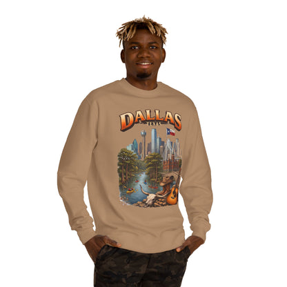 Dallas Skyline Crewneck Sweatshirt — Texas Cityscape & Acoustic Guitar Design