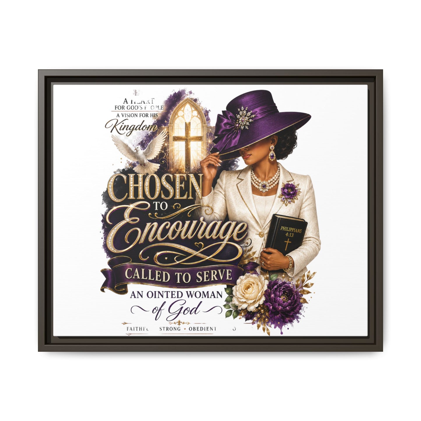 Chosen to Encourage — Framed Faith Canvas Wall Art (Called to Serve, Anointed Woman of God)