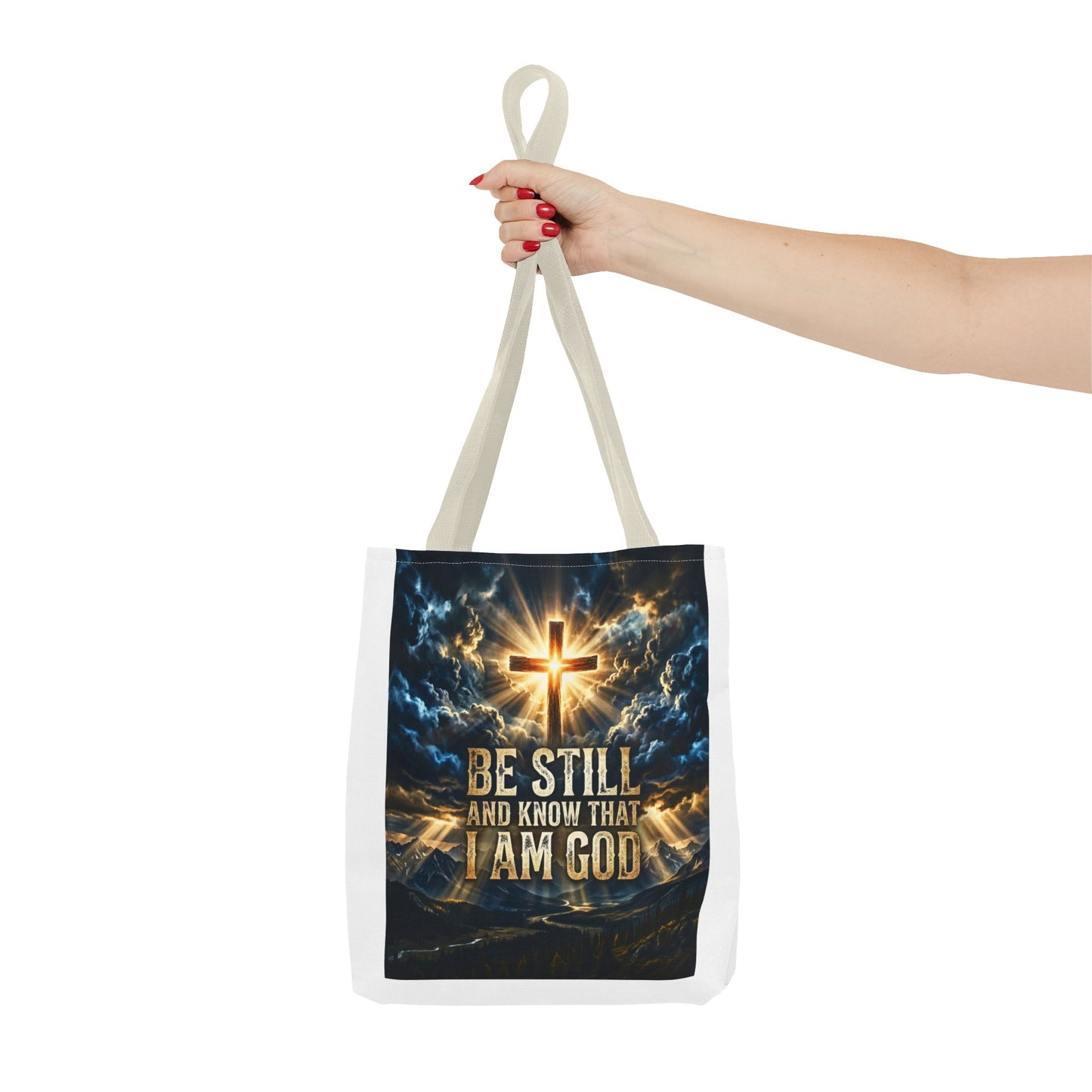 Christian Tote Bag – “Be Still and Know That I Am God” Inspirational Cross Tote