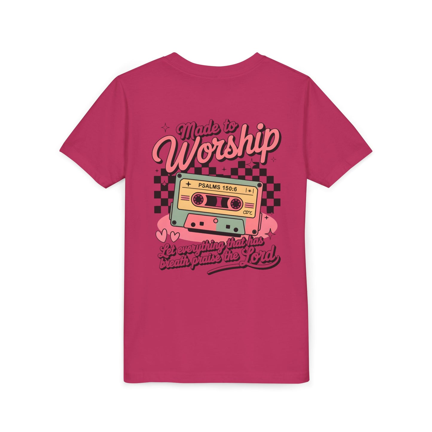 Made to Worship Youth Tee – Retro Cassette Christian Kids Shirt (Psalms 100:4)