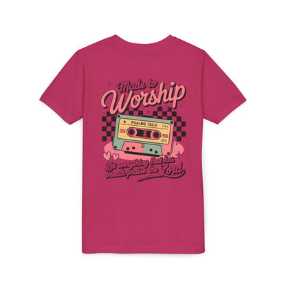 Made to Worship Youth Tee – Retro Cassette Christian Kids Shirt (Psalms 100:4)