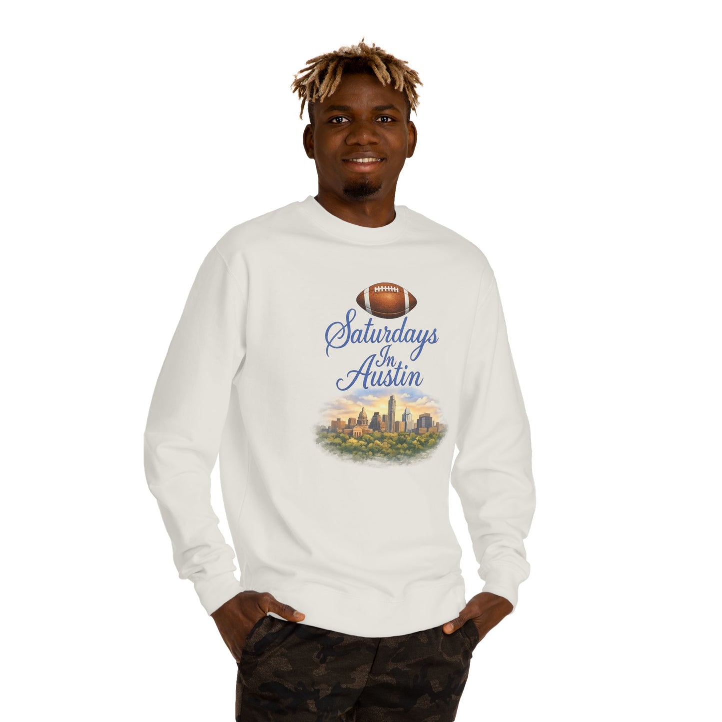 Saturdays in Austin Crewneck Sweatshirt — Floral Football City Skyline Design