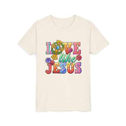 Youth Tee — "Love Like Jesus" Colorful Faith Graphic
