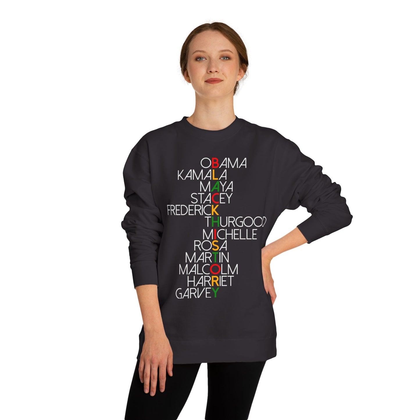 Black History Leaders Crewneck Sweatshirt — Names of Influential Black Figures (Obama, Kamala, Maya, MLK)