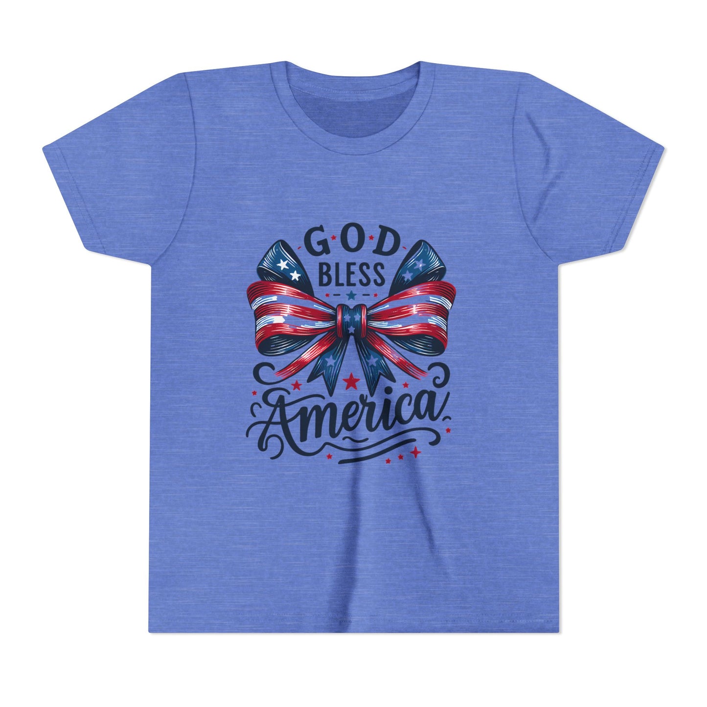 Youth Tee — "God Bless America" Patriotic Bow T-Shirt (4th of July, Memorial Day)