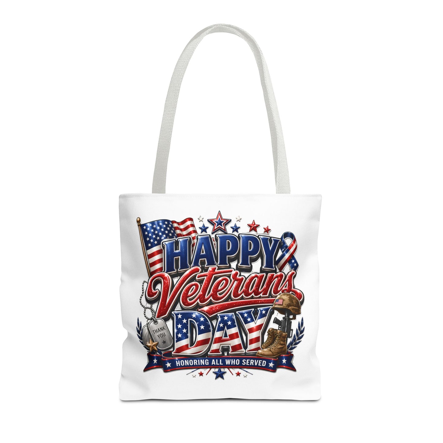 Veterans Day Tote Bag — "Happy Veterans Day" Patriotic All-Over Print