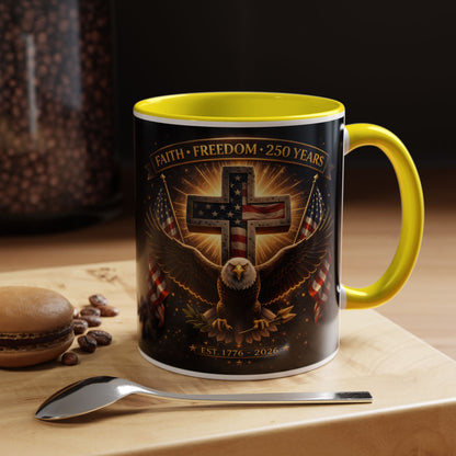 Patriotic Faith & Freedom Accent Coffee Mug — Eagle, Cross & American Flag (1776–2026)
