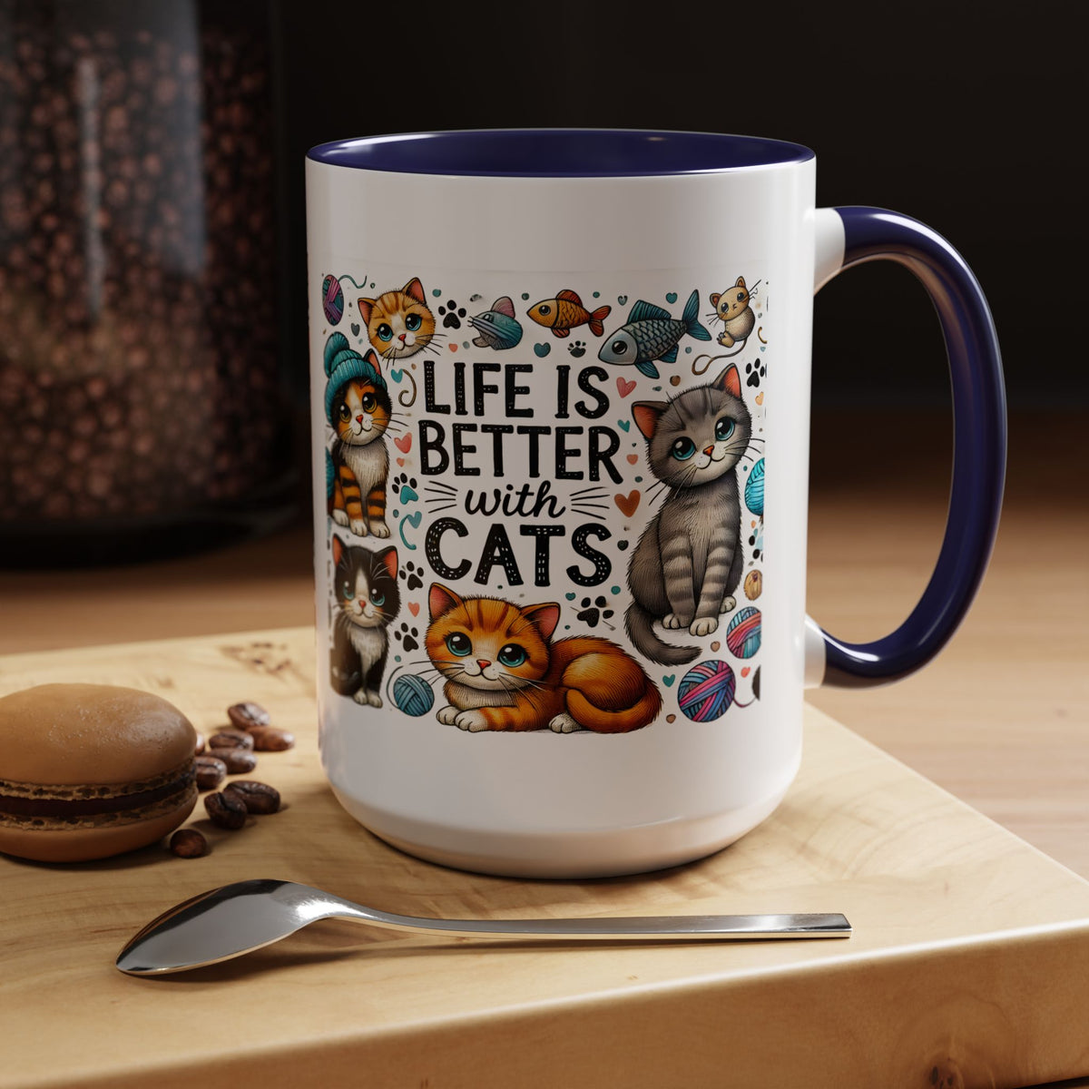 Life Is Better With Cats Accent Coffee Mug – Cute Kitten Ceramic Tea Cup (11/15oz)