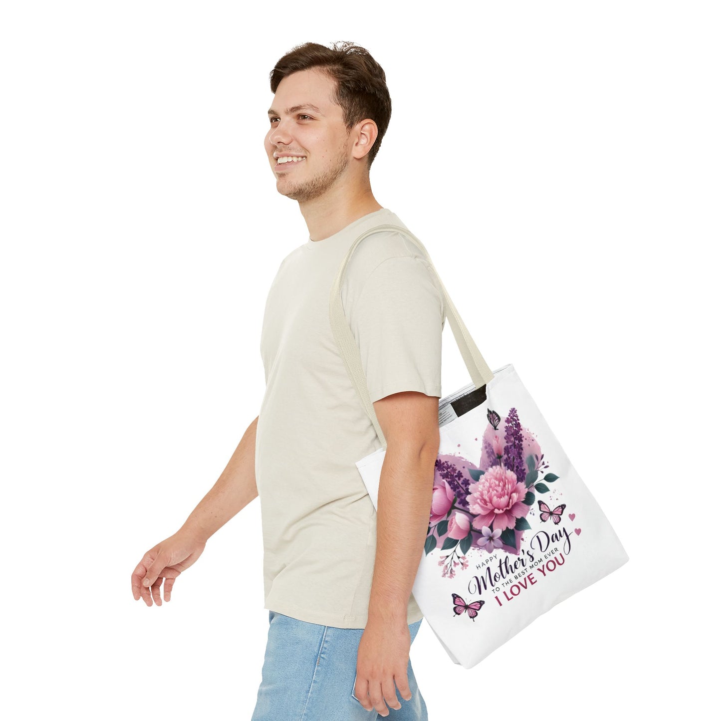 Mother's Day Floral Tote Bag - "Happy Mother's Day I Love You" Heart Bouquet