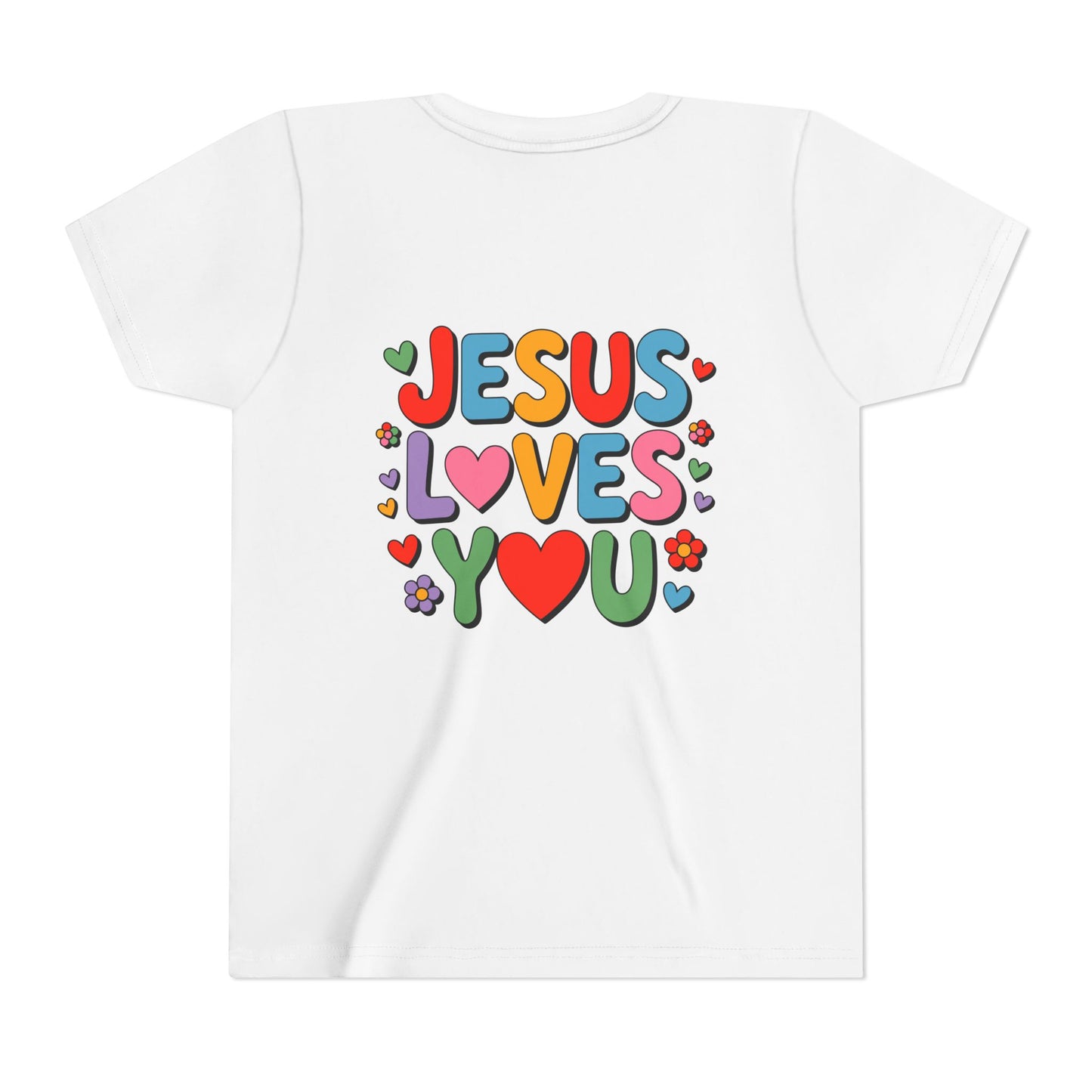 Youth Tee - "Jesus Loves You" Colorful Heart & Flower Christian Shirt