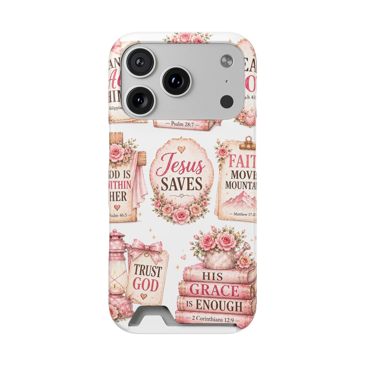Christian Phone Case with Card Holder — 'Jesus Saves' Floral Scripture Design