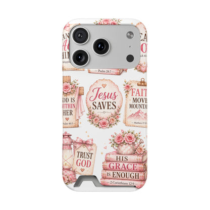 Christian Phone Case with Card Holder — 'Jesus Saves' Floral Scripture Design