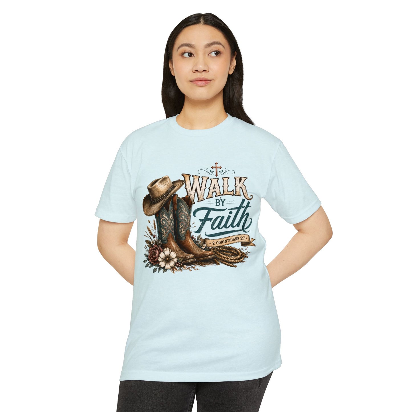Walk By Faith T-Shirt — Christian Cowboy Boots & Hat Graphic Tee