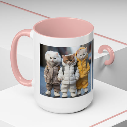 Cat Crew Accent Coffee Mug — Cute Kittens in Puffer Jackets (11/15oz)
