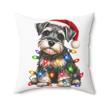 Schnauzer Puppy Christmas Pillow — Festive Dog with Santa Hat & Holiday Lights