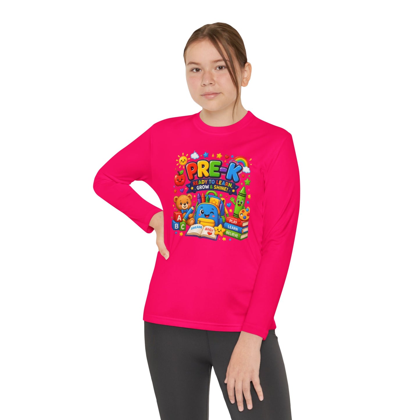 PRE-K Kids Long Sleeve Tee — Back-to-School Preschool Shirt ("Ready to Learn, Grow & Shine")