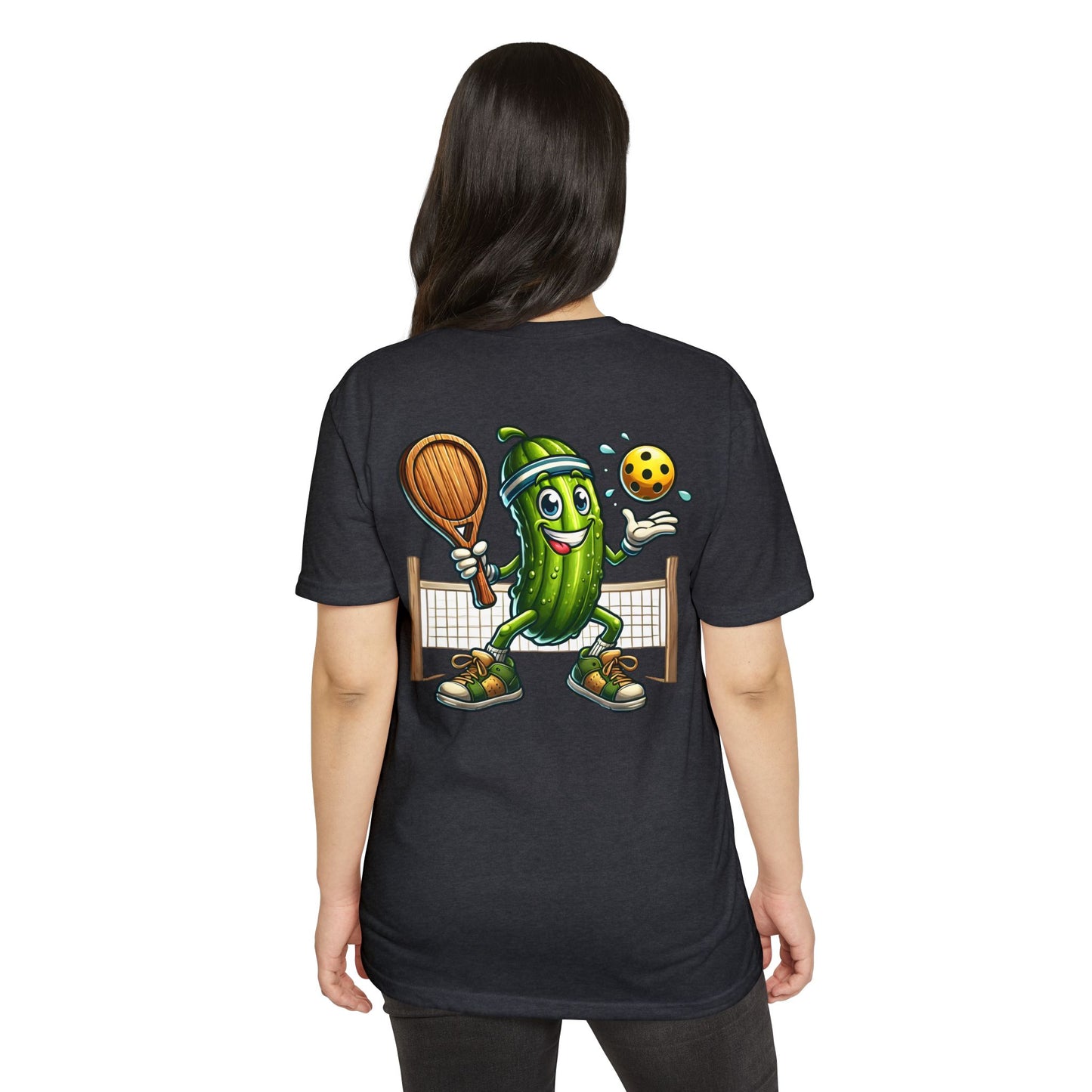 Pickleball Pickle T-Shirt — Cute Cartoon Pickle Playing Pickleball Tee