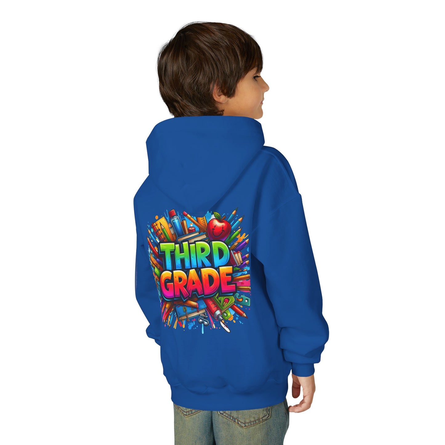Third Grade Kids Hoodie — Colorful School Supplies Back-to-School Sweatshirt
