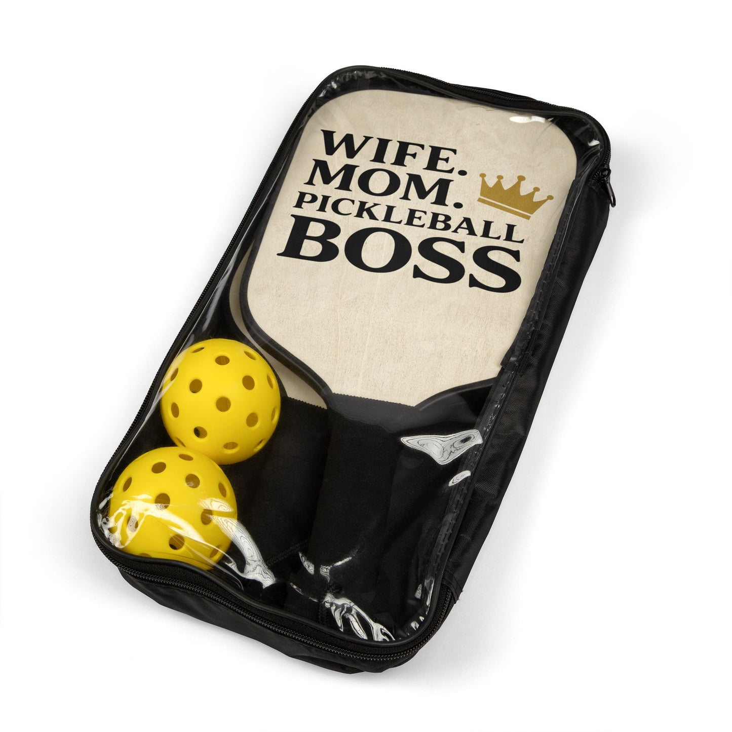 Pickleball Paddle Set — "Wife. Mom. Pickleball Boss" Wooden Paddle & Balls Kit