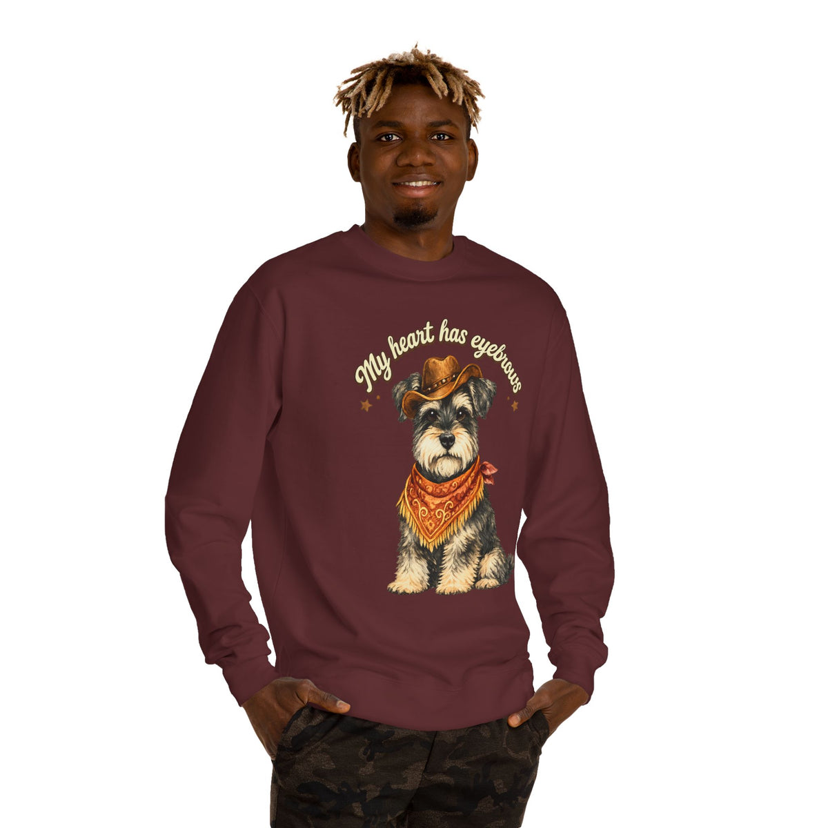 Schnauzer Cowboy Sweatshirt – "My Heart Has Eyeholes" Cute Western Dog Crewneck