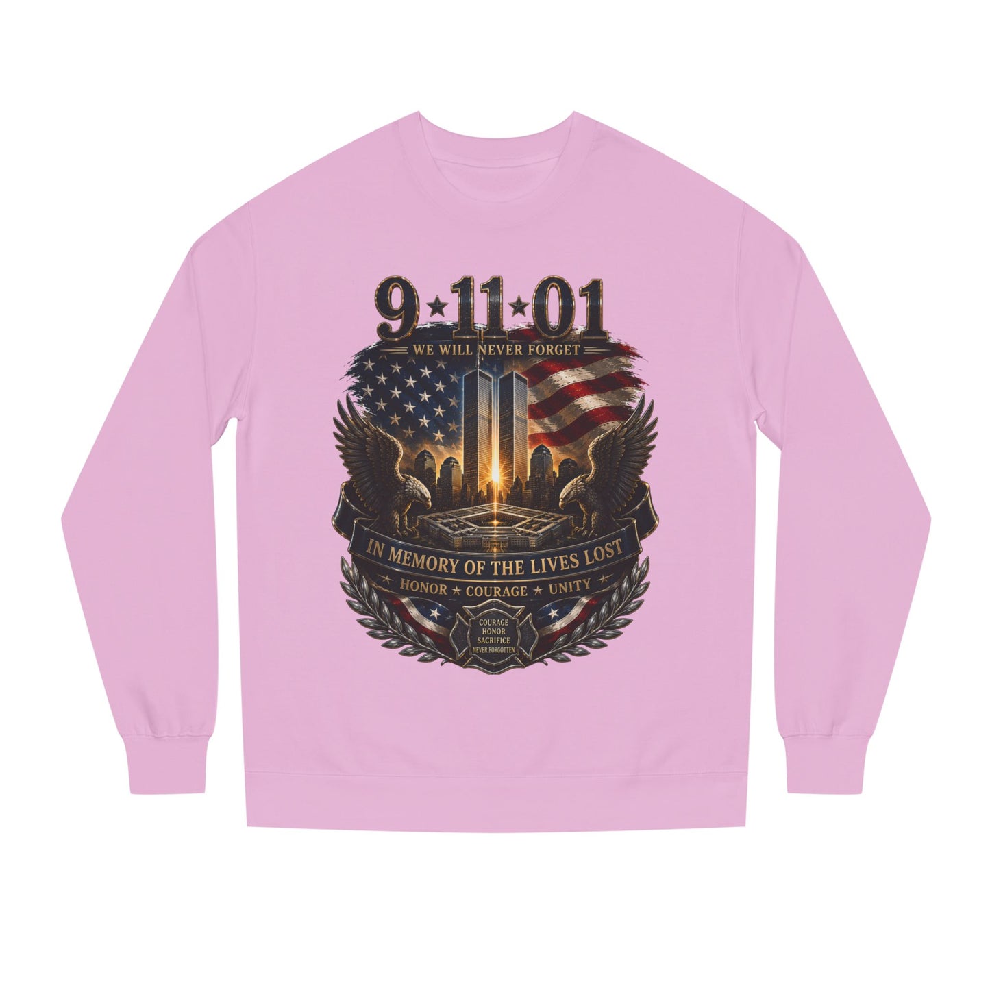 9/11 Memorial Sweatshirt - ‘We Will Never Forget’ Tribute Crewneck with Twin Towers & Flag
