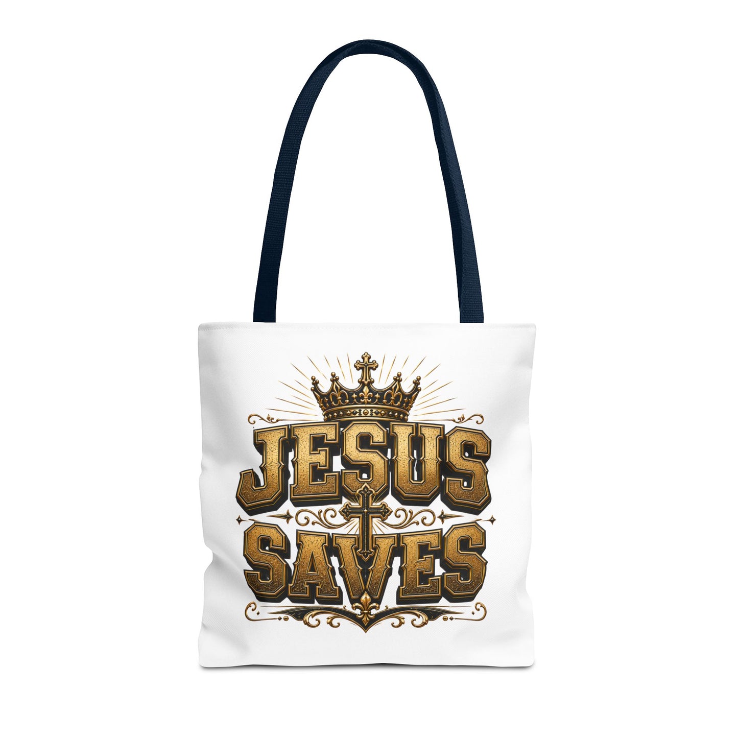 Jesus Saves Tote Bag — Christian Gospel Canvas Carryall with Crown & Cross Design