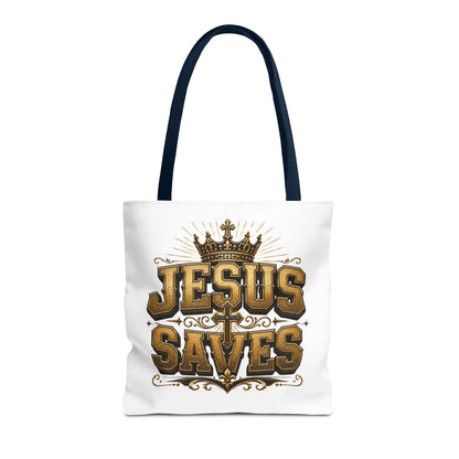 Jesus Saves Tote Bag — Christian Gospel Canvas Carryall with Crown & Cross Design