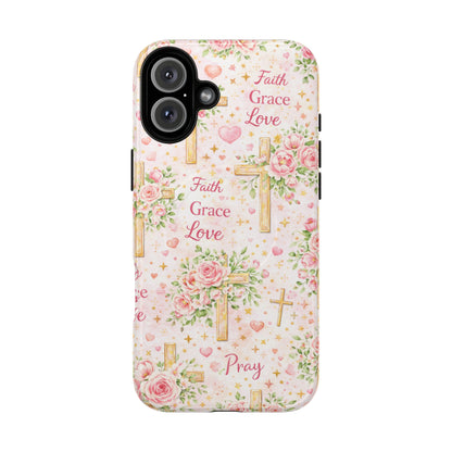 Faith Grace Love Tough Magnetic Phone Case — Floral Cross Protective Cover