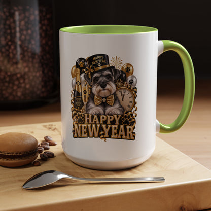 Happy New Year Dog Coffee Mug — Festive Black & Gold 11/15oz Accent Mug