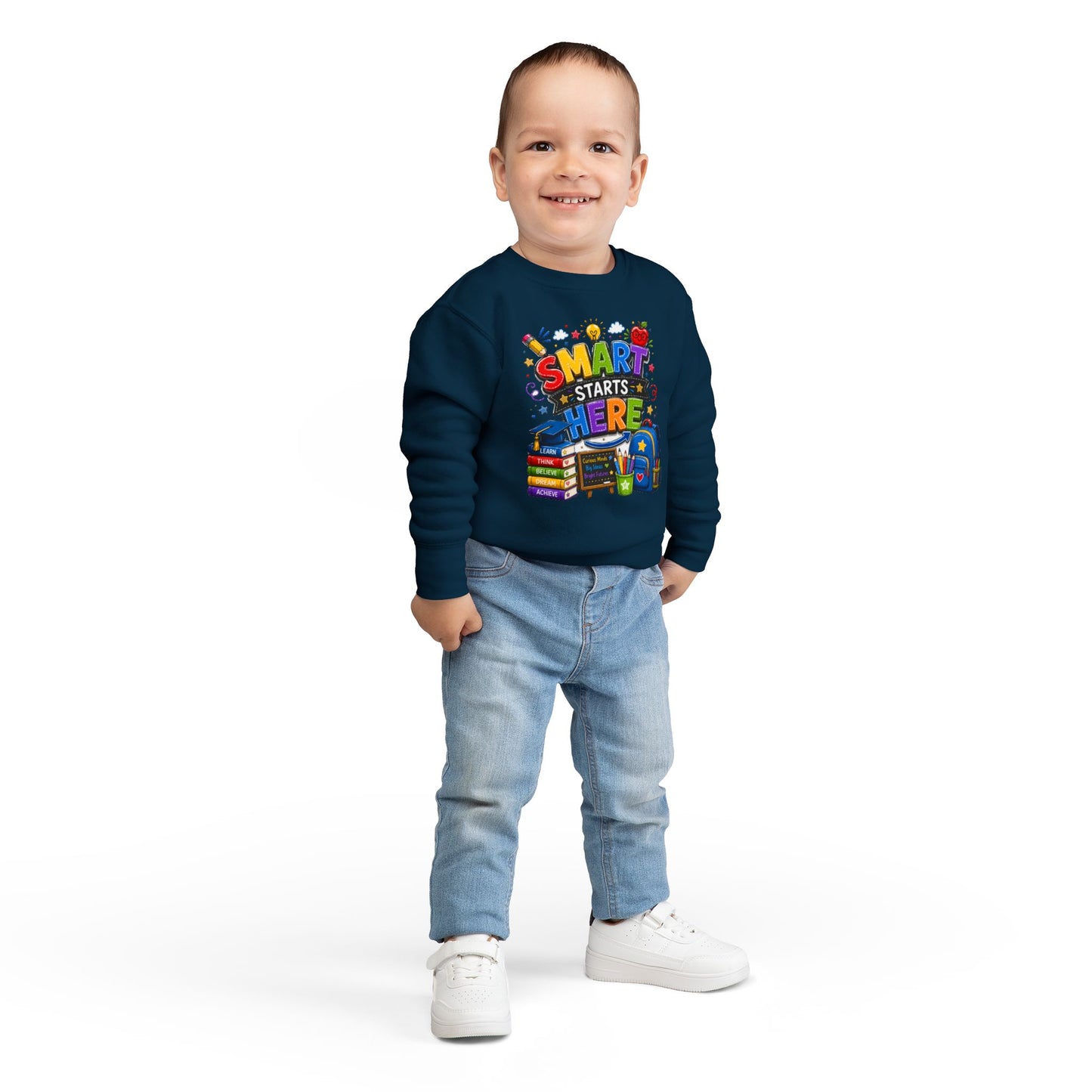 Toddler Sweatshirt — "Smart Starts Here" Back-to-School Kids Crewneck