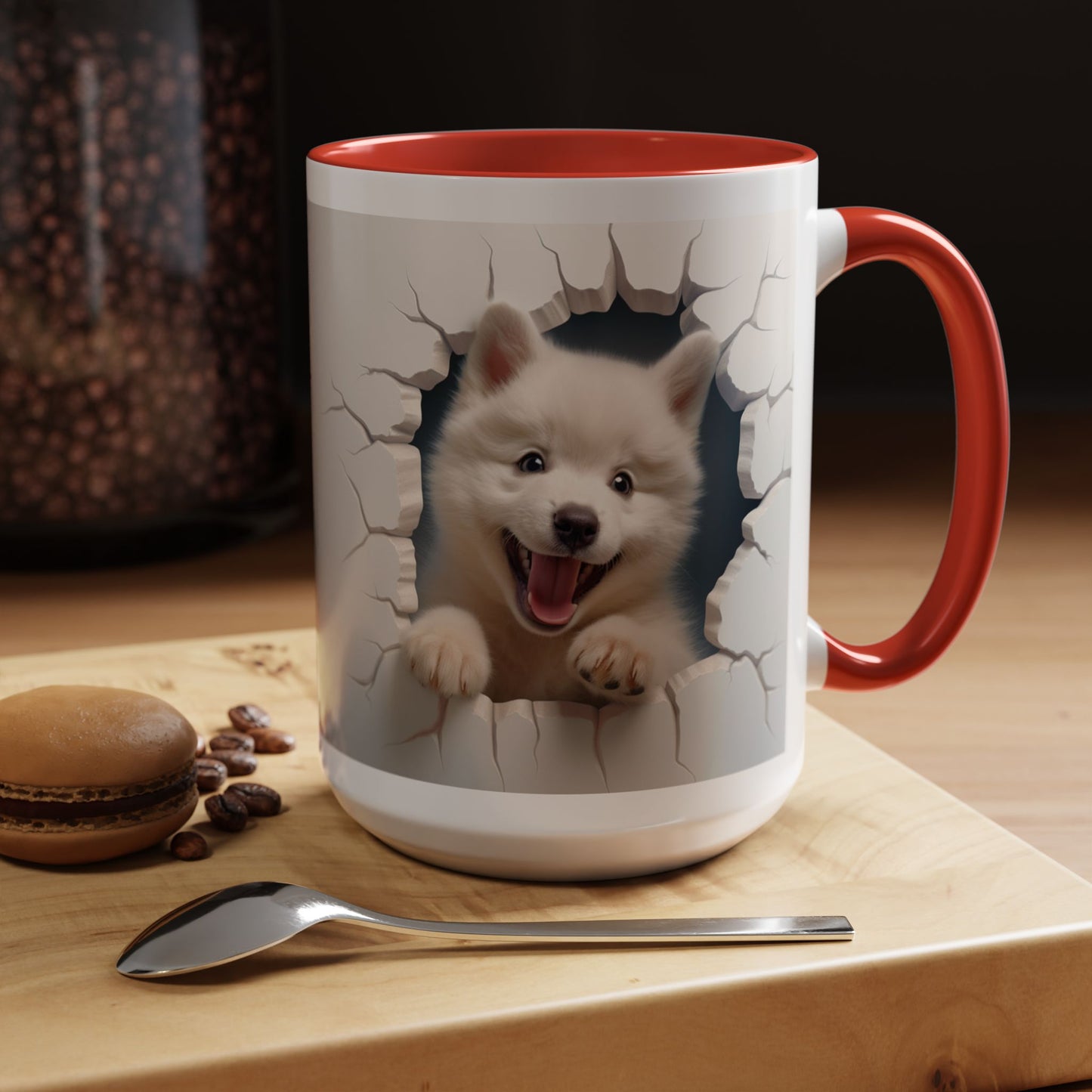 Cute Puppy Breaking Wall Accent Coffee Mug – Funny Smiling Dog Gift (11/15oz)