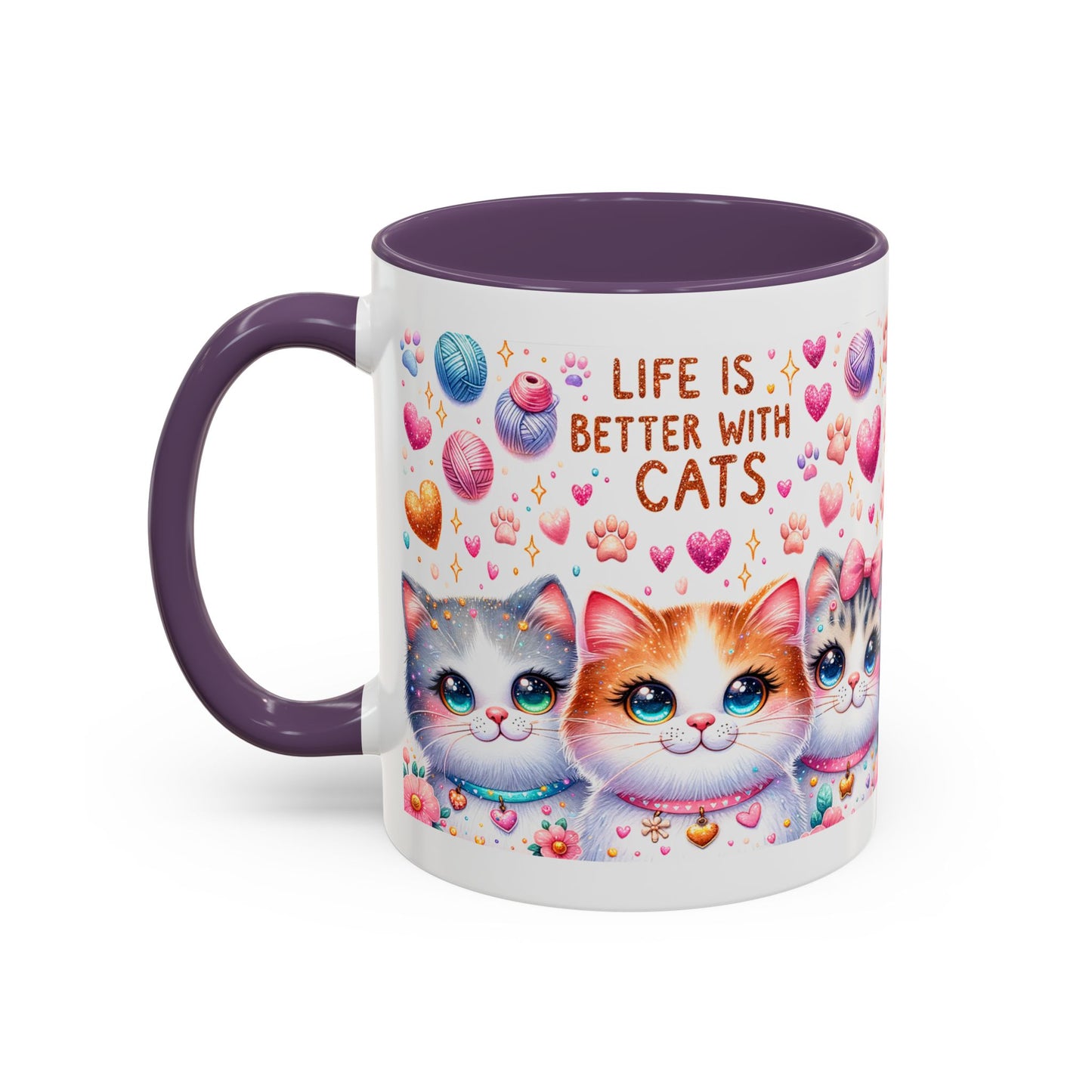 Cat Lover Accent Coffee Mug — "Life Is Better With Cats" Cute Kittens Design (11/15oz)