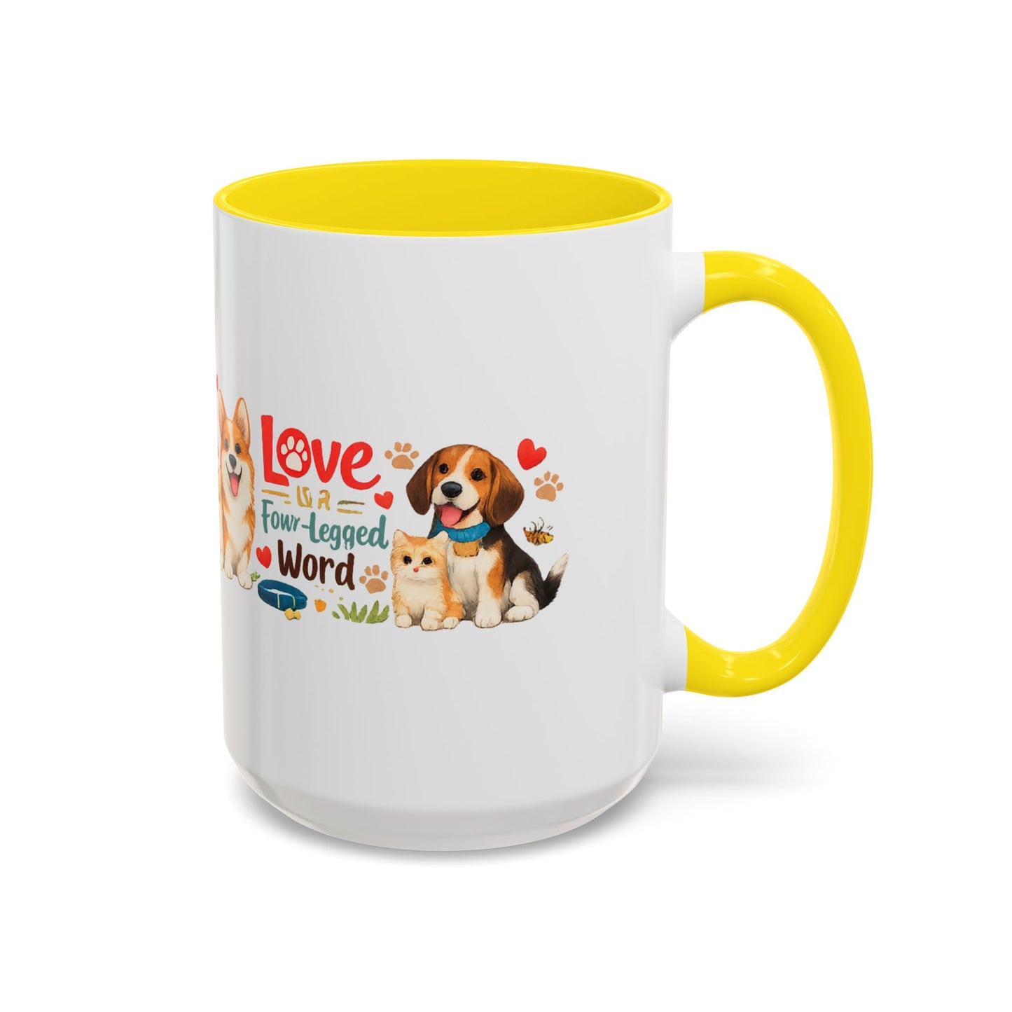 Dog Lover Accent Coffee Mug — “Love is a Four-Legged Word” Ceramic Gift