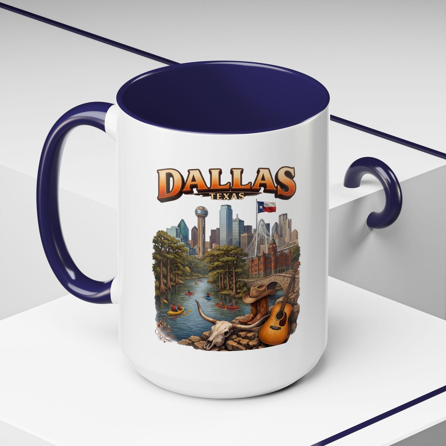 Dallas Skyline Accent Coffee Mug — Texas Souvenir Mug with Guitar & Cityscape