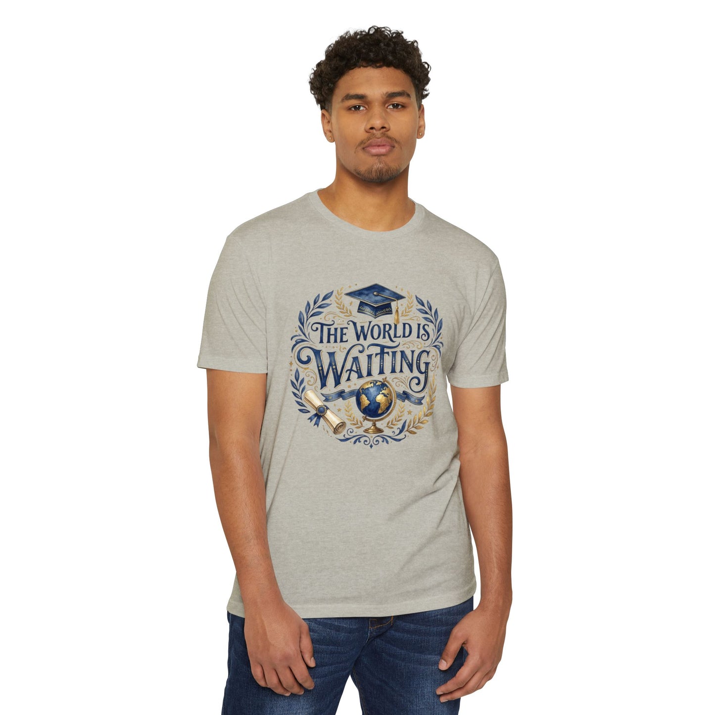 Graduation T-Shirt - "The World Is Waiting" Cap & Globe Design