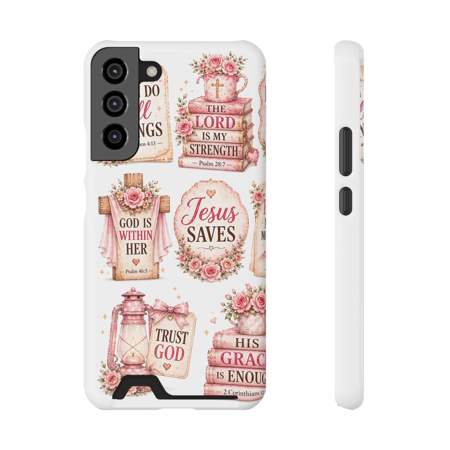 Christian Floral Phone Case with Card Holder — 'Jesus Saves' Inspirational Design