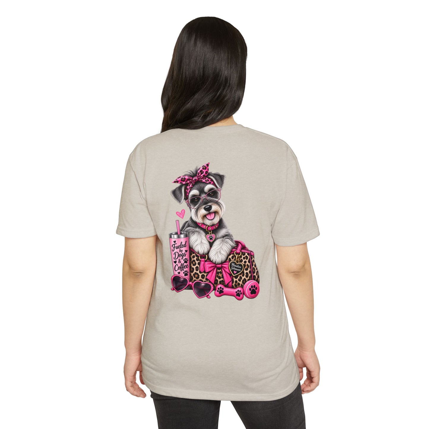 Schnauzer Fashion Tee — Cute Dog with Leopard Bag & 'Faith, Dog, Coffee' Design