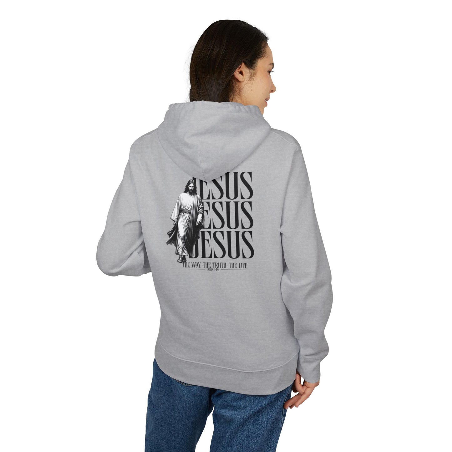 Jesus Repeated Graphic Hoodie — "The Way, The Truth, The Life" Religious Pullover