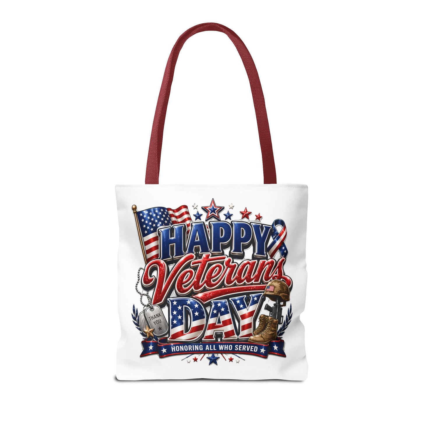 Veterans Day Tote Bag — "Happy Veterans Day" Patriotic All-Over Print