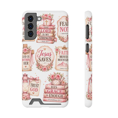 Christian Phone Case with Card Holder — 'Jesus Saves' Floral Scripture Design