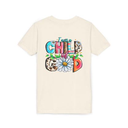 Youth Tee — "I Am a Child of God" Floral Christian Graphic