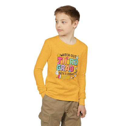 Youth Long Sleeve Tee "Watch Out Third Grade Here I Come" Back-to-School Shirt