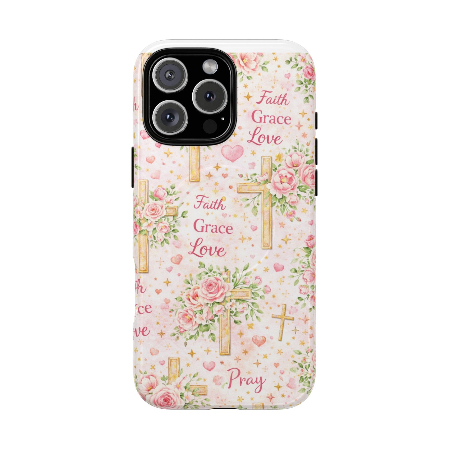 Christian Floral Cross Phone Case — "Faith Grace Love" Tough Magnetic Case