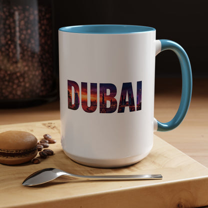 Dubai Skyline Accent Coffee Mug — Sunset City Photo Text (11/15oz)