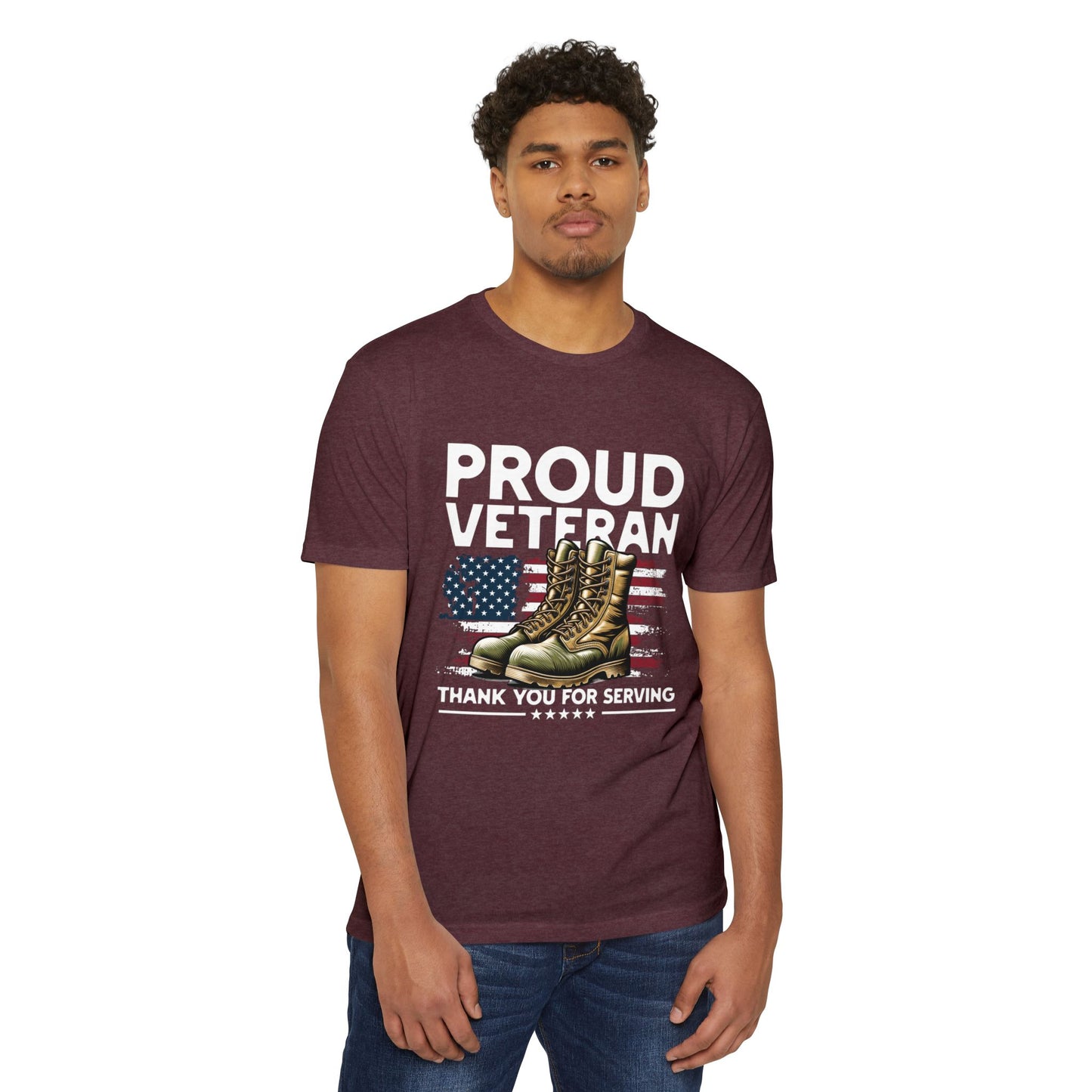 Proud Veteran T-Shirt — "Proud Veteran" with Military Boots & American Flag — Thank You for Serving