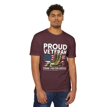 Proud Veteran T-Shirt — "Proud Veteran" with Military Boots & American Flag — Thank You for Serving