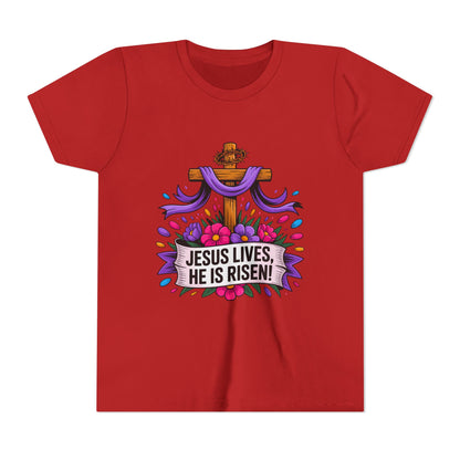 Youth Tee — "Jesus Lives, He Is Risen!" Easter Christian Tee